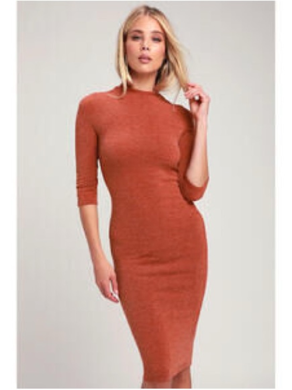 Lulus burnt orange mock neck sweater dress featuring 3/4 sleeves and a mid-lengt